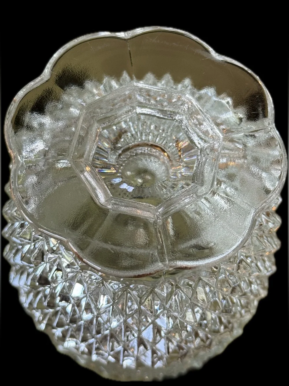 2 piece Indiana Clear Glass Diamond Point Fairy Lamp with geometric pattern.